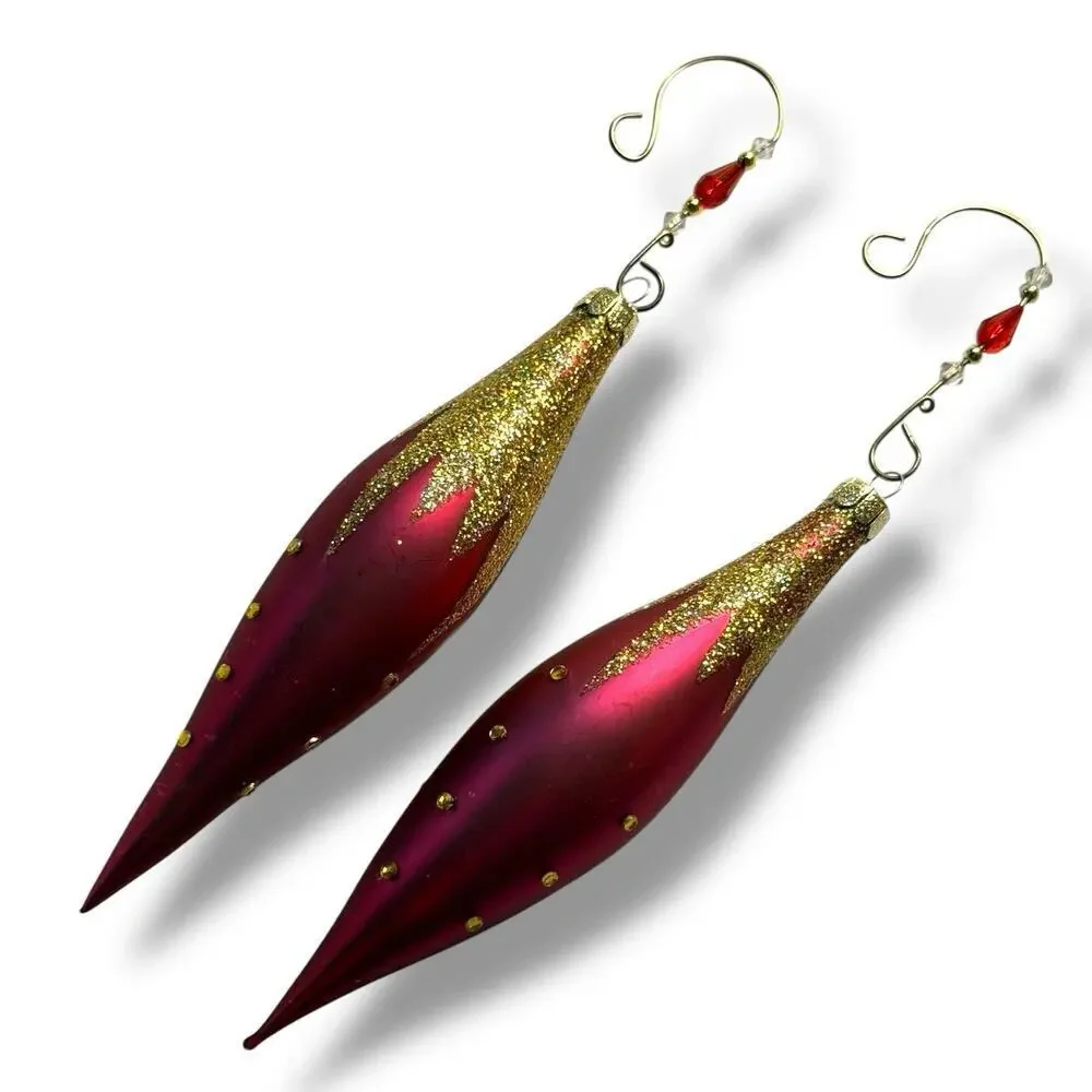 2 VTG Blown Glass Red Gold Glitter Rhinestone Icicle Oblong Christmas Ornaments